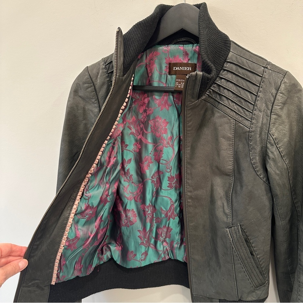 Danier Grey Leather Jacket with Ribbed Details